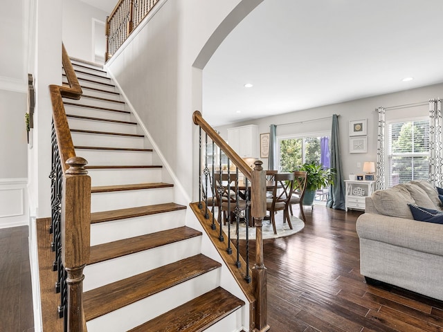 711 Hatwood, Duncan, SC 29334 - stairway with arched walkways, wood finished floors, and recessed lighting