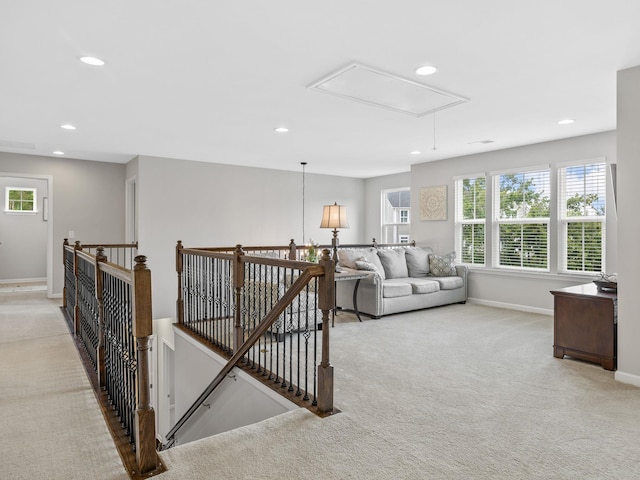 711 Hatwood, Duncan, SC 29334 - hallway featuring attic access, carpet floors, an upstairs landing, and recessed lighting