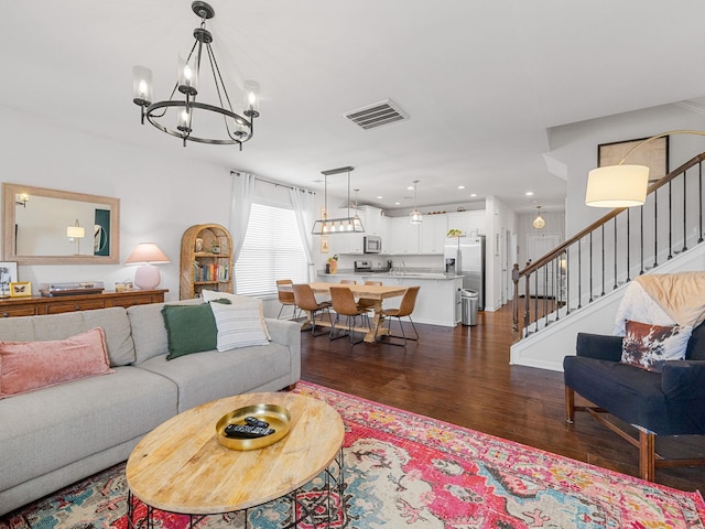 244 Cassingham, Boiling Springs, SC 29316 - living room with a chandelier, dark wood-type flooring, stairway, and recessed lighting
