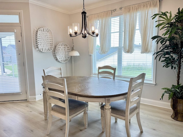 2601 Karkinnen, Moore, SC 29369 - dining space featuring a chandelier, light wood-style flooring, crown molding, and healthy amount of natural light