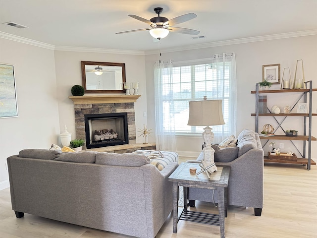 2601 Karkinnen, Moore, SC 29369 - living room with a ceiling fan, light wood-style floors, ornamental molding, and a stone fireplace