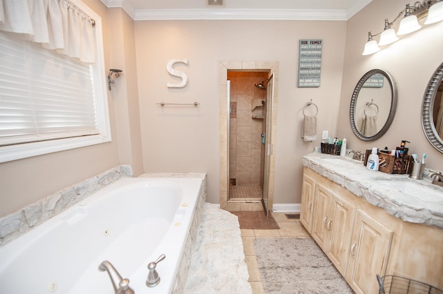 2650 Rainbow Lake Rd, Inman, SC 29349 - bathroom with a stall shower, vanity, a tub with jets, ornamental molding, and tile patterned flooring