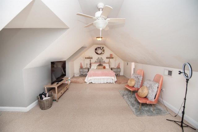 2650 Rainbow Lake Rd, Inman, SC 29349 - bedroom with carpet, vaulted ceiling, and a ceiling fan