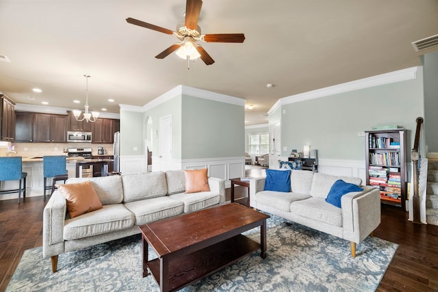 415 Bridge Xing, Simpsonville, SC 29681 - living room featuring ornamental molding, a chandelier, ceiling fan, dark wood finished floors, and recessed lighting