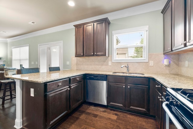 415 Bridge Xing, Simpsonville, SC 29681 - kitchen featuring stainless steel dishwasher, dark wood-type flooring, a peninsula, crown molding, and light stone counters