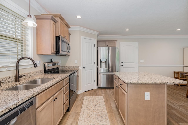 307 Burdell, Inman, SC 29349 - kitchen with stainless steel appliances, light brown cabinetry, a kitchen island, crown molding, and recessed lighting