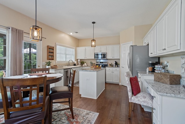 514 Collingsworth, Greenville, SC 29615 - kitchen featuring stainless steel appliances, white cabinets, dark wood-type flooring, a center island, and recessed lighting