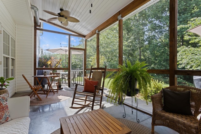 514 Collingsworth, Greenville, SC 29615 - sunroom / solarium featuring a ceiling fan, lofted ceiling, and outdoor dining area