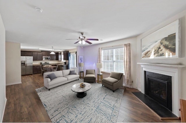 714 Cremello, Moore, SC 29369 - living room with dark wood-type flooring, a ceiling fan, and a glass covered fireplace