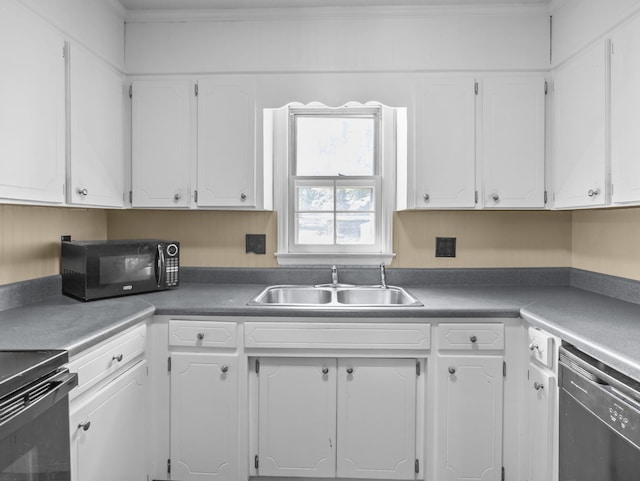 114 Maplewood, Greer, SC 29651 - kitchen featuring black microwave, dishwasher, white cabinetry, range with electric cooktop, and crown molding