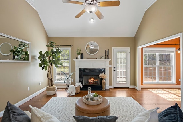 802 Wheat, Greer, SC 29651 - living area with vaulted ceiling, wood finished floors, a high end fireplace, and a ceiling fan