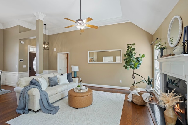 802 Wheat, Greer, SC 29651 - living room featuring a premium fireplace, wood finished floors, ceiling fan, and crown molding