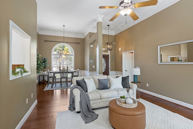 802 Wheat, Greer, SC 29651 - living room with a chandelier, wood finished floors, crown molding, and a ceiling fan