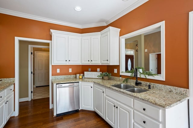802 Wheat, Greer, SC 29651 - kitchen with stainless steel dishwasher, white cabinets, dark wood finished floors, light stone counters, and crown molding