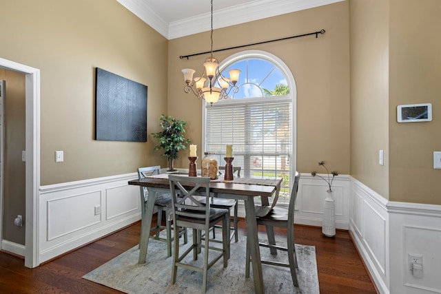 802 Wheat, Greer, SC 29651 - dining area with a chandelier, dark wood-type flooring, ornamental molding, a decorative wall, and wainscoting