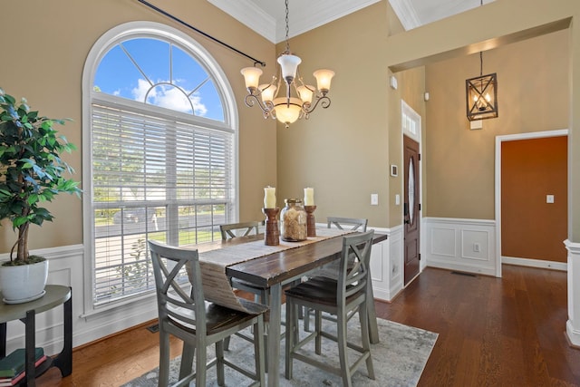 802 Wheat, Greer, SC 29651 - dining area featuring a chandelier, crown molding, a wainscoted wall, dark wood finished floors, and a decorative wall