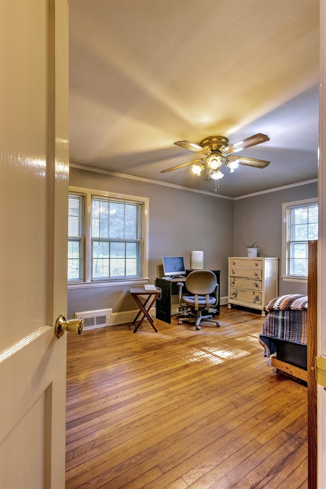 1205 Clary, Gaffney, SC 29340 - office area featuring crown molding, ceiling fan, and hardwood / wood-style floors