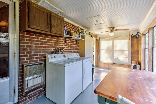1205 Clary, Gaffney, SC 29340 - washroom featuring washer and clothes dryer, brick wall, ceiling fan, and ornamental molding