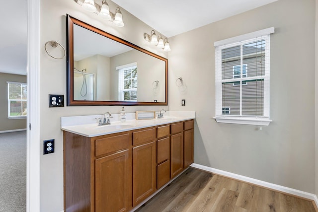 463 Lynnell, Moore, SC 29369 - full bathroom featuring double vanity, plenty of natural light, wood finished floors, and a shower