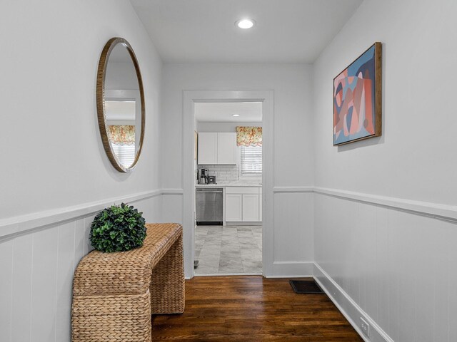 129 Spring, Reidville, SC 29375 - hallway featuring dark wood-type flooring, recessed lighting, and a wainscoted wall