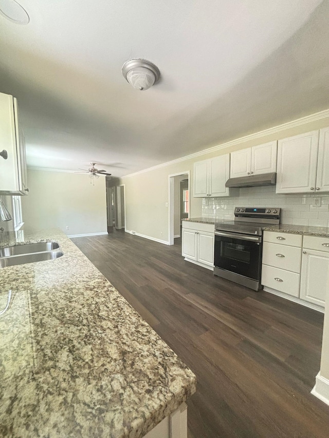 201 Bent Creek Dr, Greer, SC 29650 - kitchen featuring electric range, under cabinet range hood, dark wood-style floors, white cabinets, and a ceiling fan