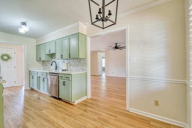 233 Summerfield, Moore, SC 29369 - kitchen with green cabinetry, dishwasher, light countertops, a chandelier, and ornamental molding