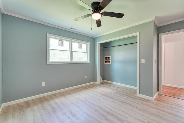 233 Summerfield, Moore, SC 29369 - unfurnished bedroom featuring light wood-style floors, crown molding, a closet, and ceiling fan