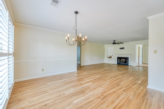 233 Summerfield, Moore, SC 29369 - unfurnished living room with a chandelier, ceiling fan, a fireplace, ornamental molding, and light wood-style flooring