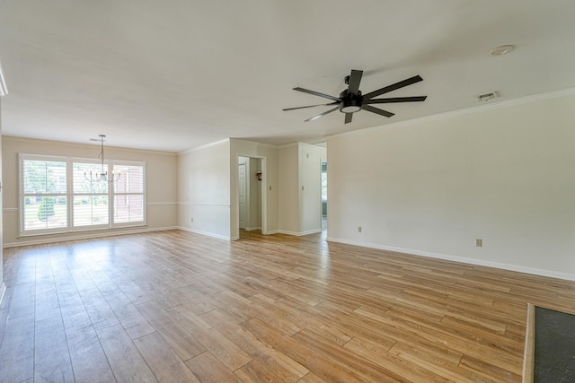 233 Summerfield, Moore, SC 29369 - unfurnished room with ornamental molding, a chandelier, ceiling fan, and light wood-style flooring
