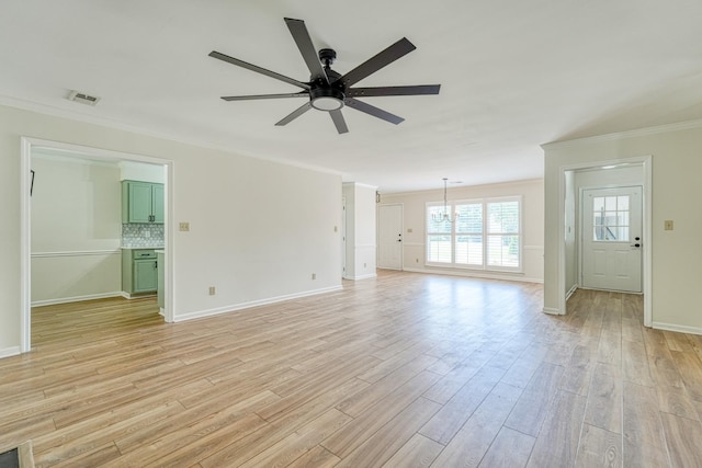 233 Summerfield, Moore, SC 29369 - unfurnished living room with ornamental molding, ceiling fan, and light wood-style floors