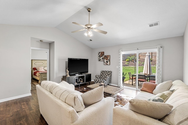 308 Juniper Leaf, Greer, SC 29651 - living area featuring vaulted ceiling, dark wood finished floors, and a ceiling fan