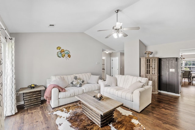 308 Juniper Leaf, Greer, SC 29651 - living room featuring vaulted ceiling, ceiling fan, and dark wood-style floors