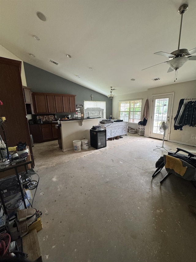 344 Lansdowne, Duncan, SC 29334 - living room with ceiling fan, concrete floors, and lofted ceiling