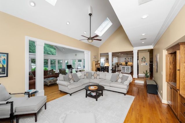 403 Barrington Park, Greer, SC 29650 - living room with decorative columns, a skylight, high vaulted ceiling, light wood-style flooring, and recessed lighting