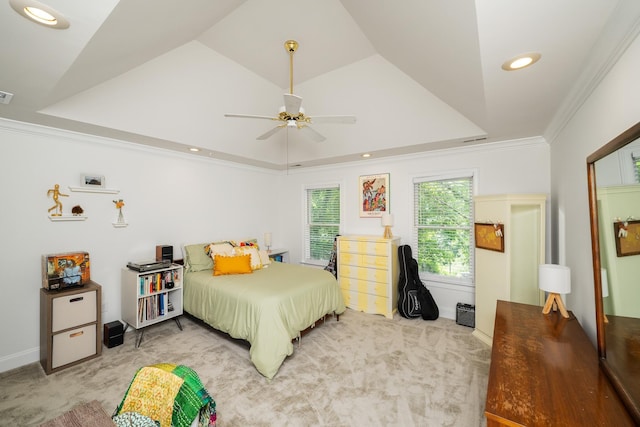 403 Barrington Park, Greer, SC 29650 - bedroom with light carpet, ornamental molding, a raised ceiling, ceiling fan, and recessed lighting
