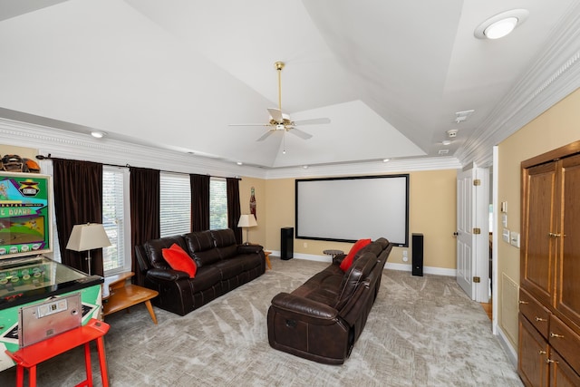 403 Barrington Park, Greer, SC 29650 - home theater room featuring ornamental molding, ceiling fan, light carpet, and lofted ceiling