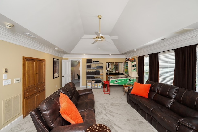 403 Barrington Park, Greer, SC 29650 - living room featuring carpet floors, a ceiling fan, vaulted ceiling, crown molding, and a tray ceiling