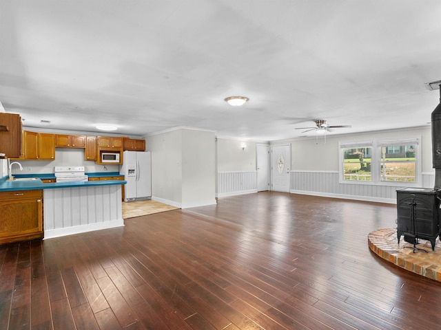 113 Commodore, Duncan, SC 29334 - unfurnished living room with a wood stove, ceiling fan, a wainscoted wall, and hardwood / wood-style flooring