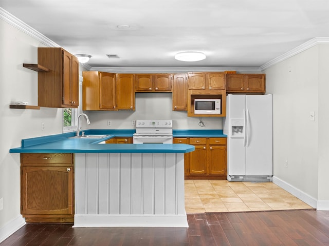 113 Commodore, Duncan, SC 29334 - kitchen featuring white appliances, open shelves, wood finished floors, a peninsula, and crown molding