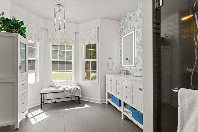 436 S Lakeview, Duncan, SC 29334 - bathroom with vanity, a chandelier, and tiled shower