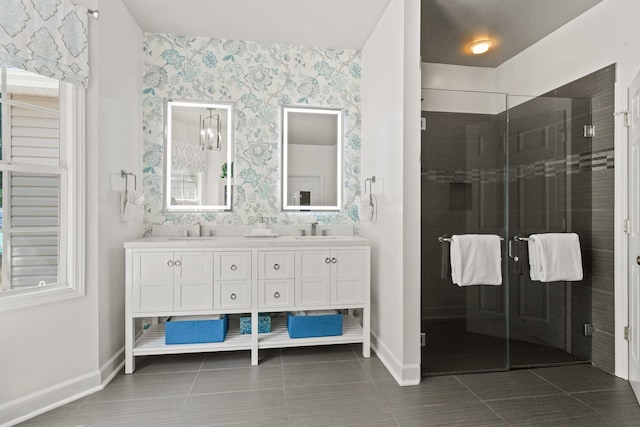 436 S Lakeview, Duncan, SC 29334 - full bathroom featuring wallpapered walls, double vanity, a stall shower, and tile patterned flooring