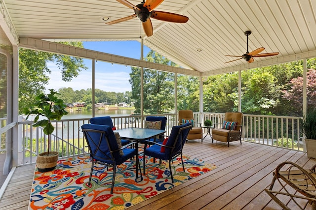436 S Lakeview, Duncan, SC 29334 - deck with ceiling fan, a water view, outdoor dining space, and view of scattered trees