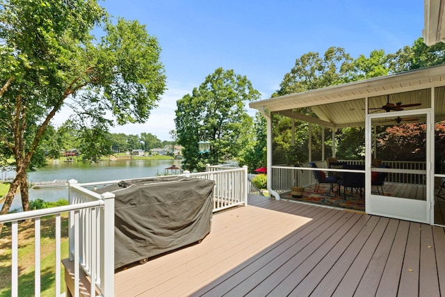 436 S Lakeview, Duncan, SC 29334 - wooden terrace featuring a water view, ceiling fan, and area for grilling