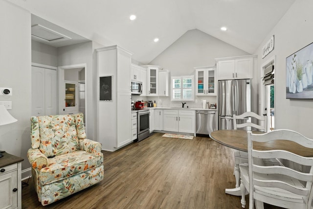 436 S Lakeview, Duncan, SC 29334 - kitchen with stainless steel appliances, white cabinetry, dark wood-style flooring, glass insert cabinets, and recessed lighting