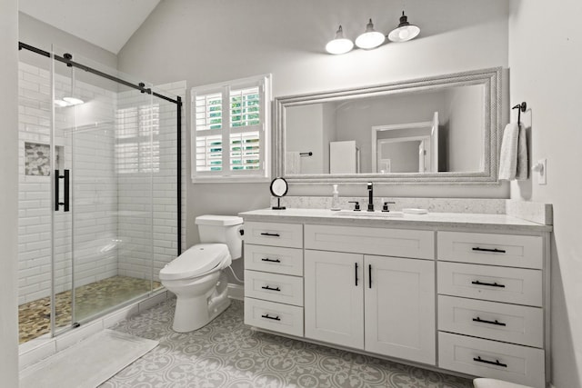 436 S Lakeview, Duncan, SC 29334 - bathroom featuring vanity, a stall shower, and vaulted ceiling