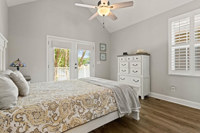 436 S Lakeview, Duncan, SC 29334 - bedroom with french doors, access to exterior, dark wood finished floors, ceiling fan, and high vaulted ceiling