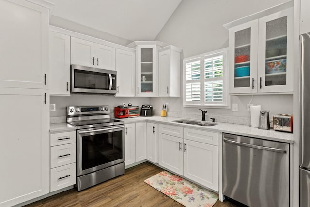 436 S Lakeview, Duncan, SC 29334 - kitchen with stainless steel appliances, white cabinetry, dark wood-type flooring, light stone counters, and glass insert cabinets