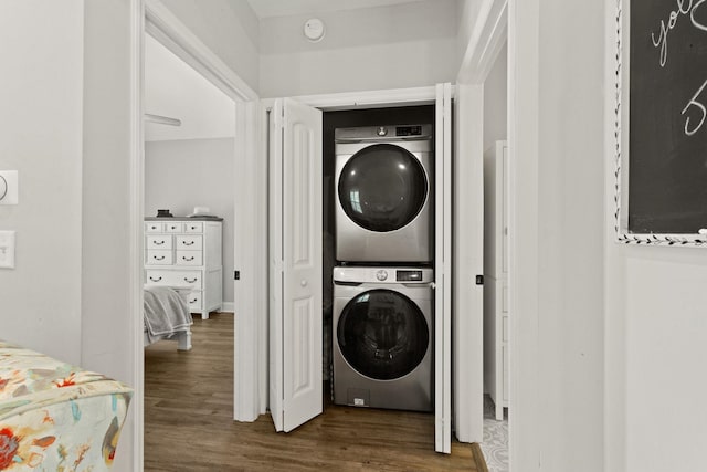 436 S Lakeview, Duncan, SC 29334 - washroom with stacked washing machine and dryer and wood finished floors