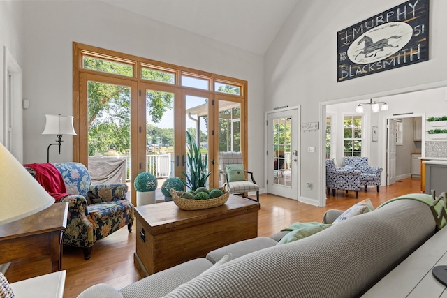 436 S Lakeview, Duncan, SC 29334 - living room with french doors, light wood-type flooring, high vaulted ceiling, and a chandelier