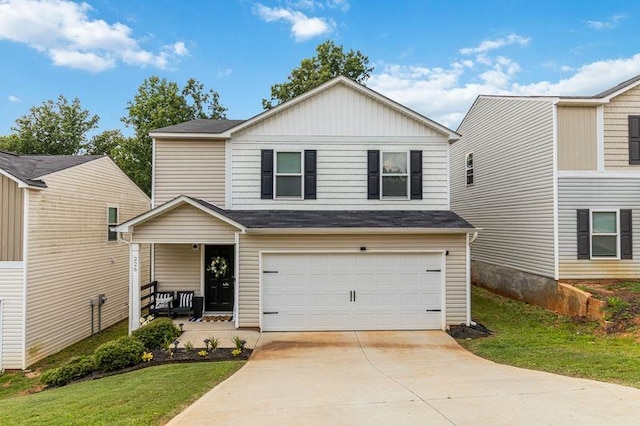 226 Christopher St, Duncan, SC 29334 - view of front of property featuring an attached garage, driveway, a porch, a front lawn, and a shingled roof